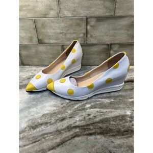 Jingpin Women's White And Yellow Polka Dots Wedge Shoes Pointy Toe Sz 40/9-9.5